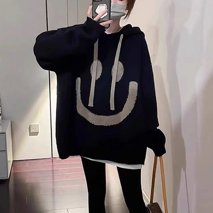 Hooded Black And White Sweater Women's Loose Sweater