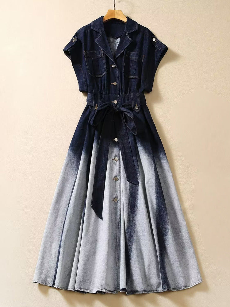 Lapel Single Breasted Short Sleeve Gradient Color Fashion Waist-controlled Denim Dress