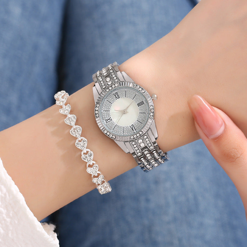 Diamond-embedded Luxury Starry Sky Shell Surface Women's Fashion All-match Elegant Bracelet Set Quartz Watch