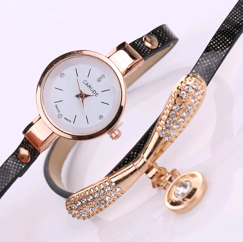 Thin belt fashion ladies watch Casual three-ring winding bracelet watch Women's fashion quartz watch