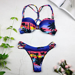 Women Sexy Swimwear Leaf Print Bikini Halter Swimsuit Bathing Suit Women Cute Bikini Set Monokini Underwire