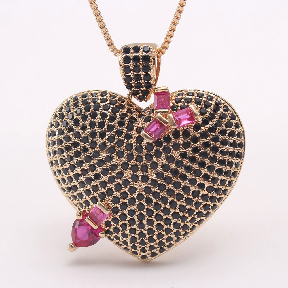 AAA Full Zirconium Necklace Women's Real Gold Plated Copper Peach Heart Necklace Jewelry