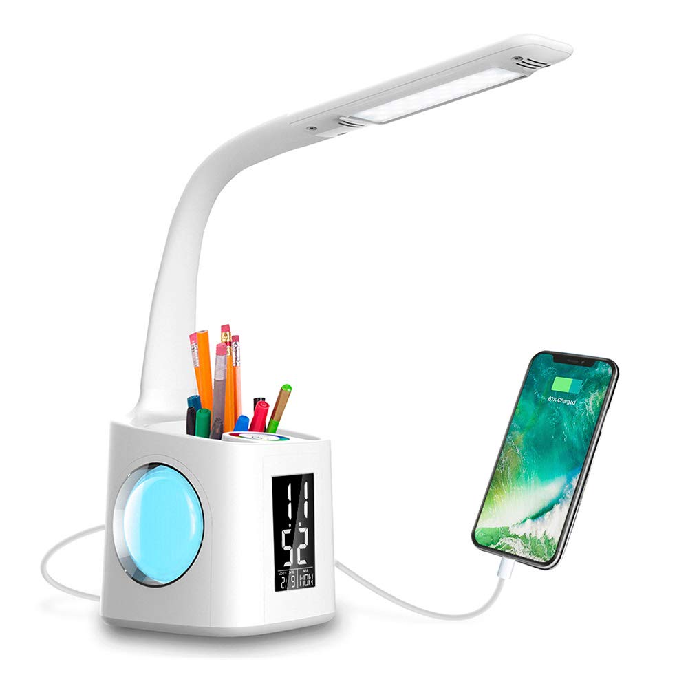 Study LED Desk Lamp USB Charging Port&Screen&Calendar&Colors Night Light Kids Dimmable Table Lamp With Pen Hold