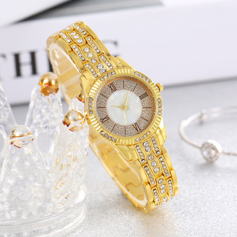 Diamond-embedded Luxury Starry Sky Shell Surface Women's Fashion All-match Elegant Bracelet Set Quartz Watch