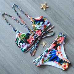 Split hand-knitted printed bikini