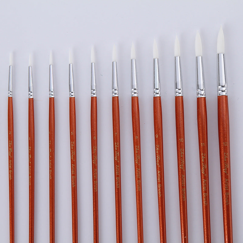 12Pcs  Lot Round Shape Nylon Hair Wooden Handle Paint Brush Set Tool For Art School Watercolor Acrylic Painting