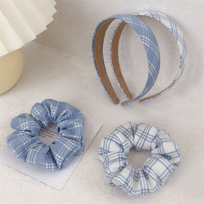 Blue And White Plaid Hair Band Ring Head Rope Rubber Band Hair Ring