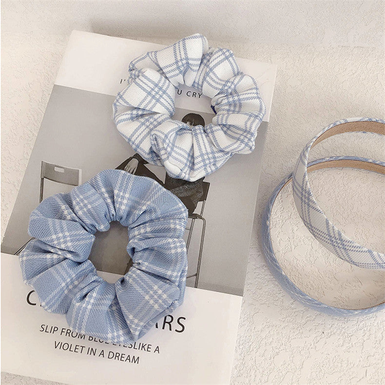 Blue And White Plaid Hair Band Ring Head Rope Rubber Band Hair Ring