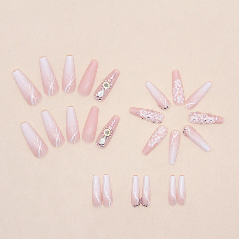 Long Ballet Gradient White Colorful Glitter Tender Girl Fake Nails Wearable