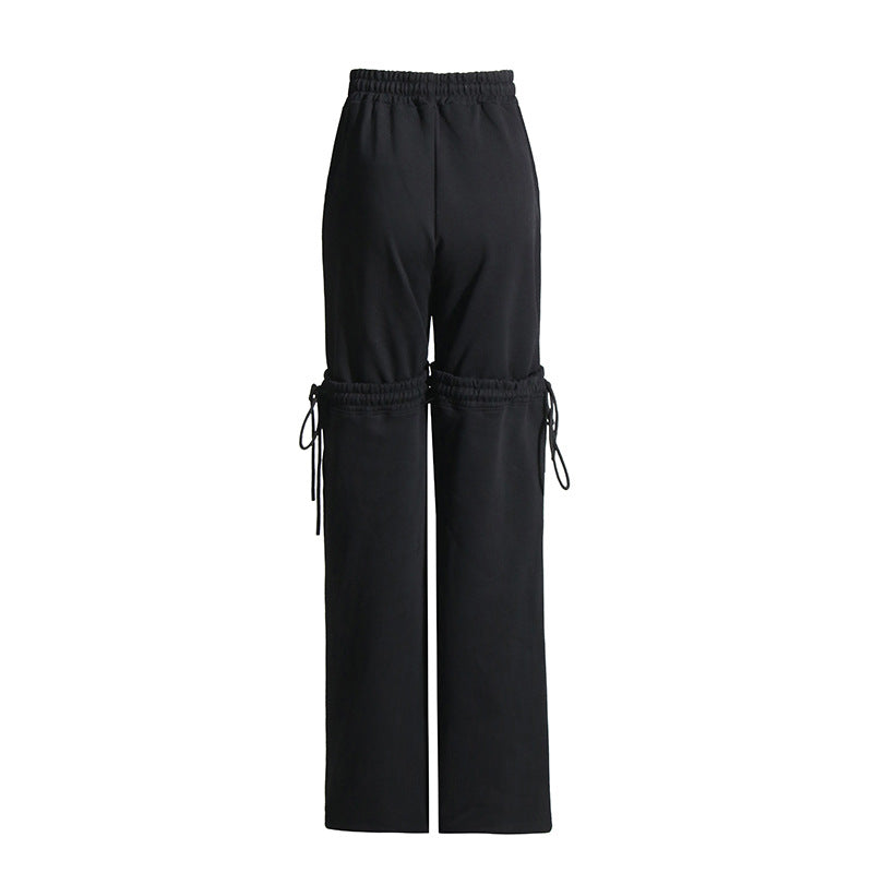 Design Sense Stitching Tied Drawstring Adjustable Slimming High Waist Straight Solid Color Casual Pants