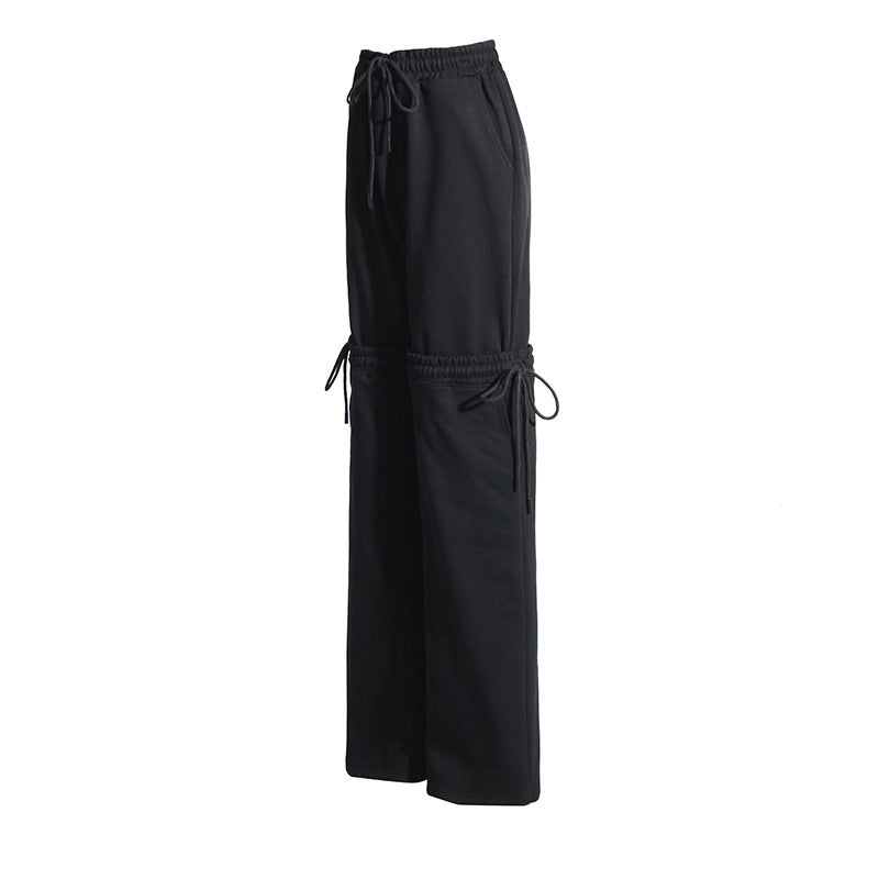 Design Sense Stitching Tied Drawstring Adjustable Slimming High Waist Straight Solid Color Casual Pants