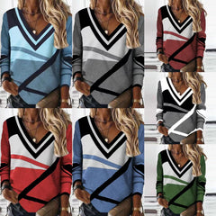 Women's Clothing V-collar Contrast Color Geometric Print Elegant Loose Long Sleeve