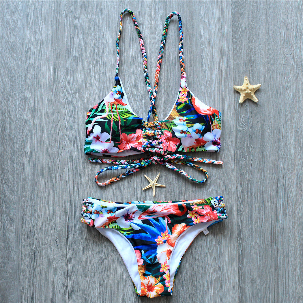 Split hand-knitted printed bikini