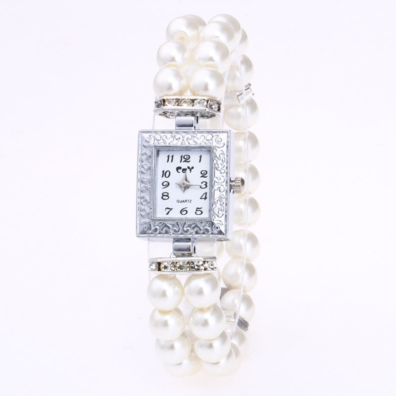 Artificial Glass Pearl Watch Bracelet Rectangular Women's Casual Watch