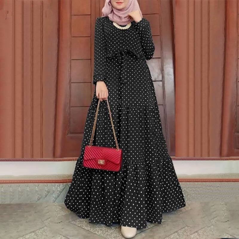 Women Polka Dot Long Sleeve Dress Stylish Belts Party Robe