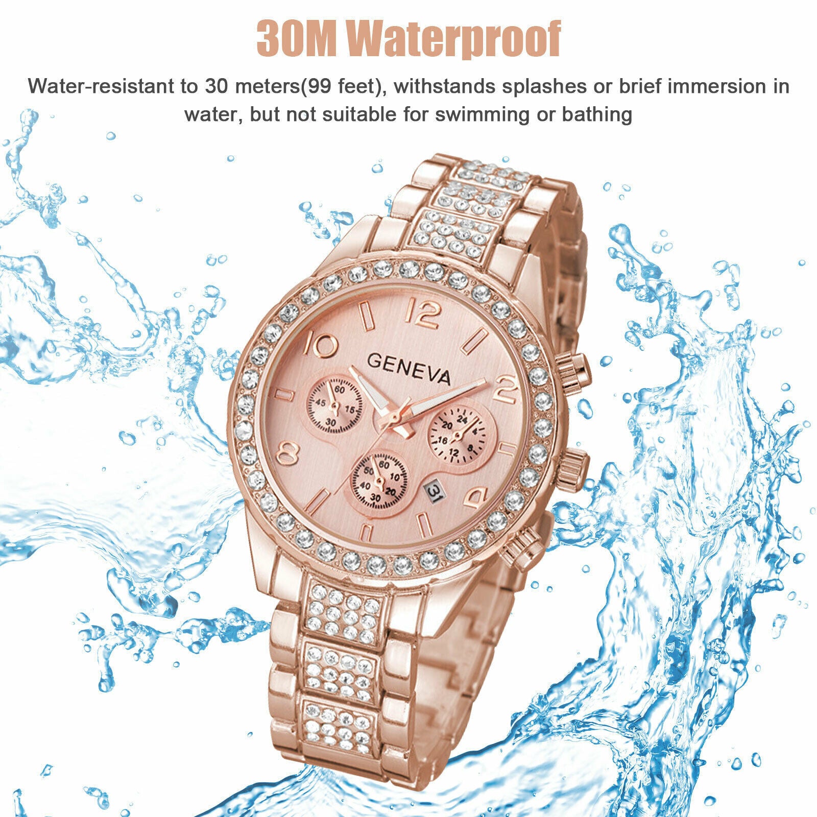 Waterproof Women Luxury Classic Stainless Steel Crystal Quartz Round Wrist Watch