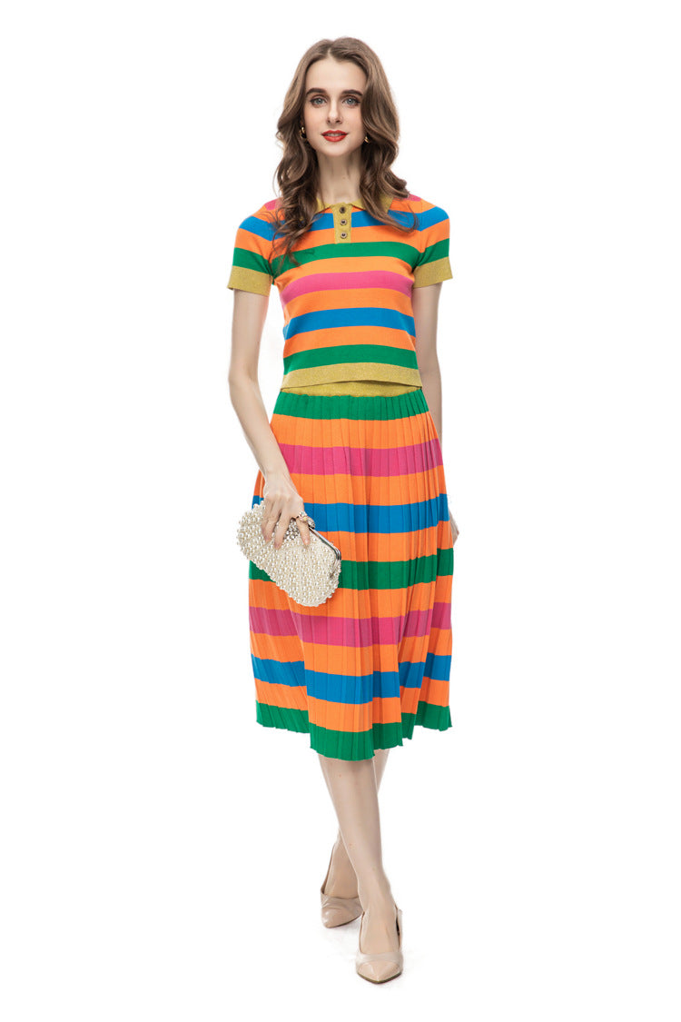 Women's Casual Fashion Printing Knitted Colorful Striped Top Mid-length Dress Set