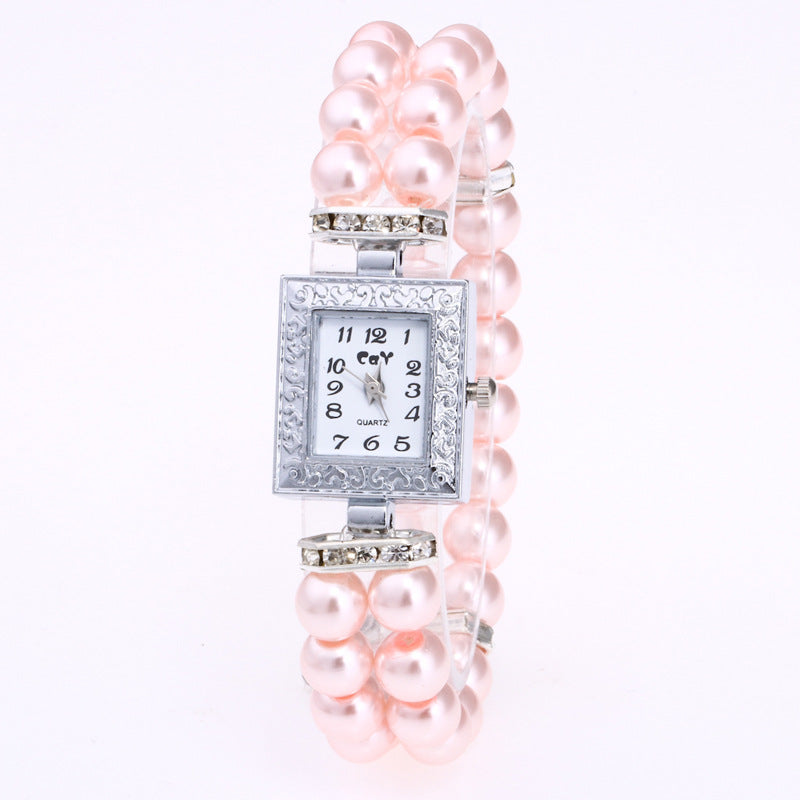 Artificial Glass Pearl Watch Bracelet Rectangular Women's Casual Watch