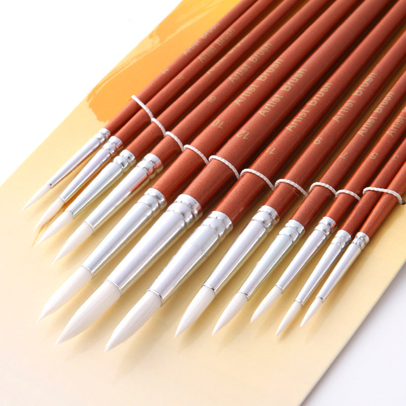 12Pcs  Lot Round Shape Nylon Hair Wooden Handle Paint Brush Set Tool For Art School Watercolor Acrylic Painting