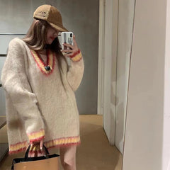 Knitwear V-neck Long Pullover Flocking Mohair Autumn And Winter Sweater