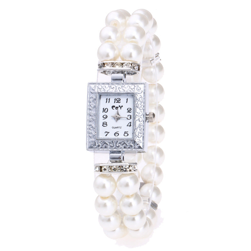 Artificial Glass Pearl Watch Bracelet Rectangular Women's Casual Watch