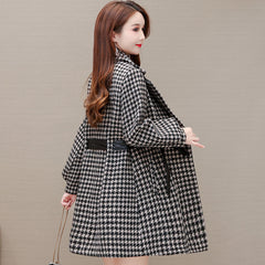 Black Plaid Lantern Sleeves Belted Korean Style Suit Collar Temperament Commuter Trench Coat