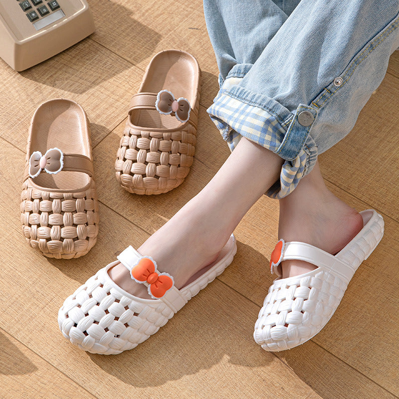 Baotou Slippers With Bow Braid Design Fashion Summer Beach Shoes Cute Dormitory Home Slippers For Women Students