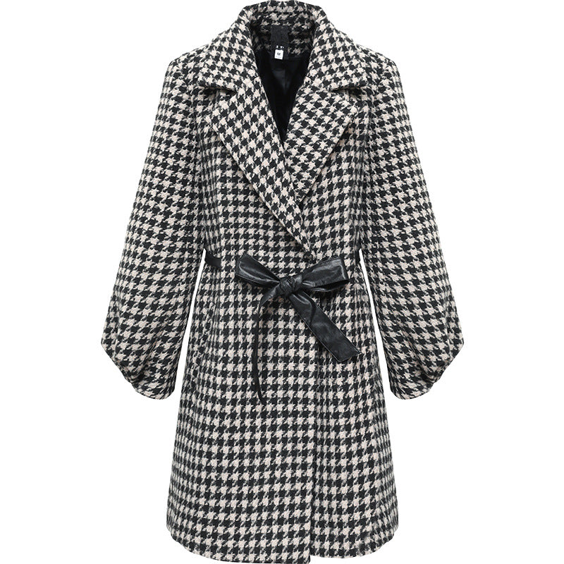 Black Plaid Lantern Sleeves Belted Korean Style Suit Collar Temperament Commuter Trench Coat