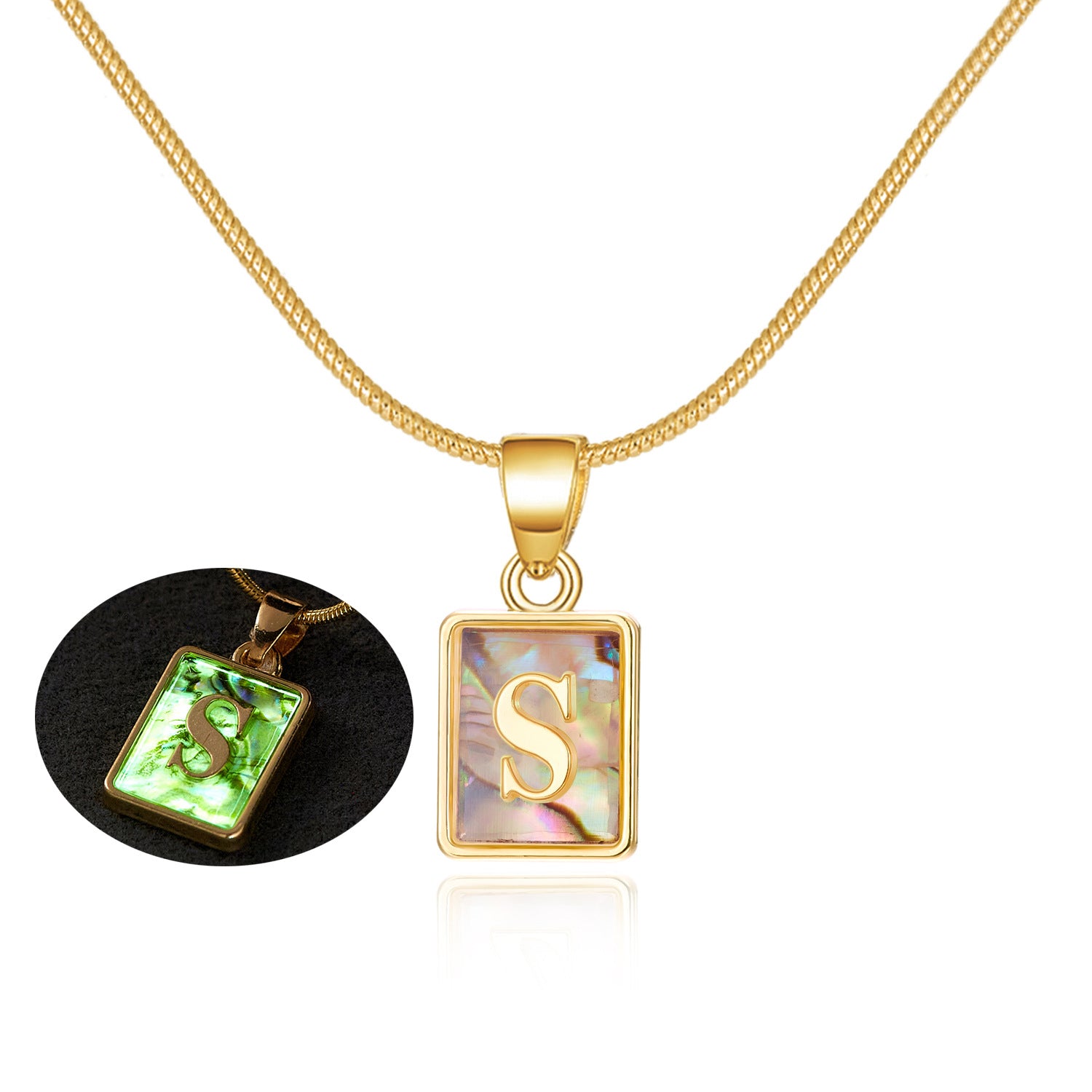 26 Letter Square Necklace Colorful Shell Luminous Pendant Chain Necklace For Women Temperament Ladies Jewelry