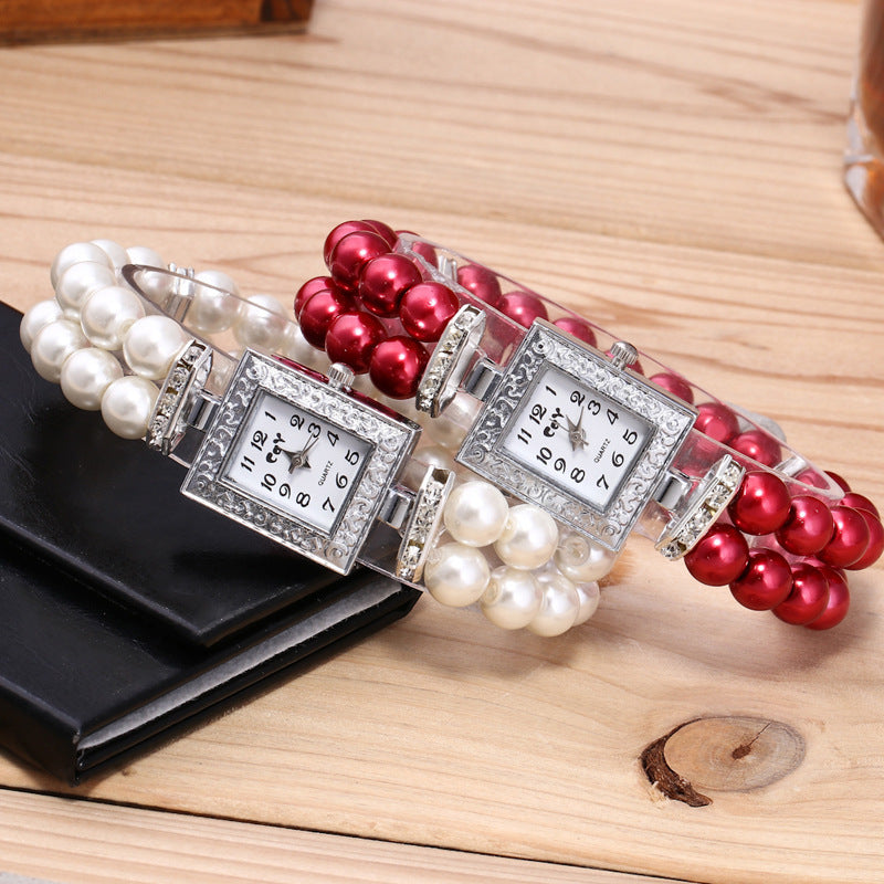 Artificial Glass Pearl Watch Bracelet Rectangular Women's Casual Watch