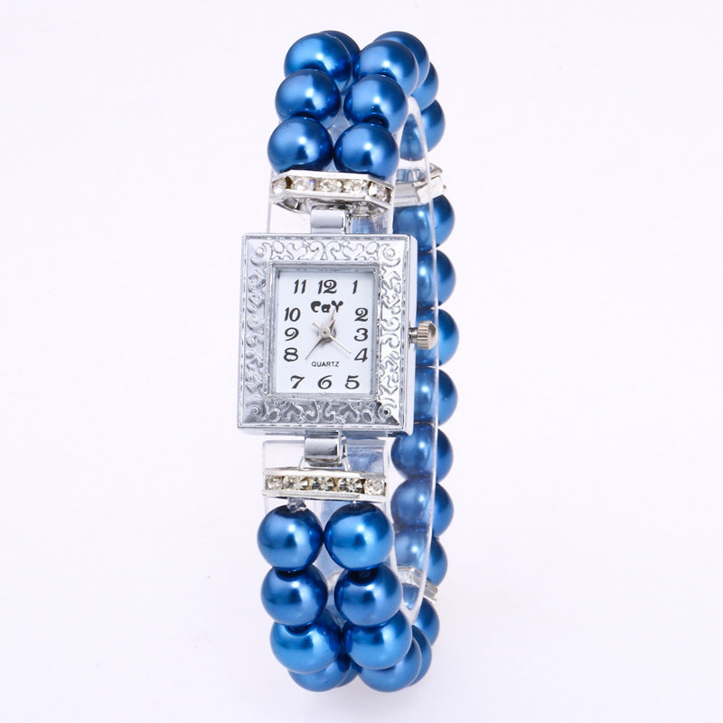 Artificial Glass Pearl Watch Bracelet Rectangular Women's Casual Watch