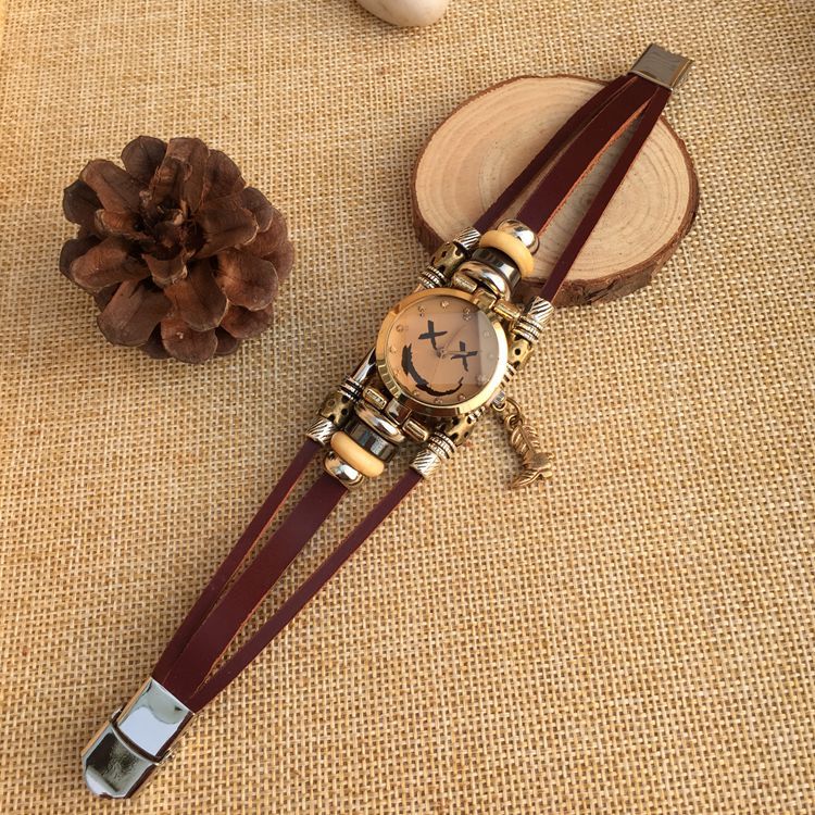 Fashion Trendy Leather Belt Stainless Steel Buckle Bracelet Watch Women's Rhinestone