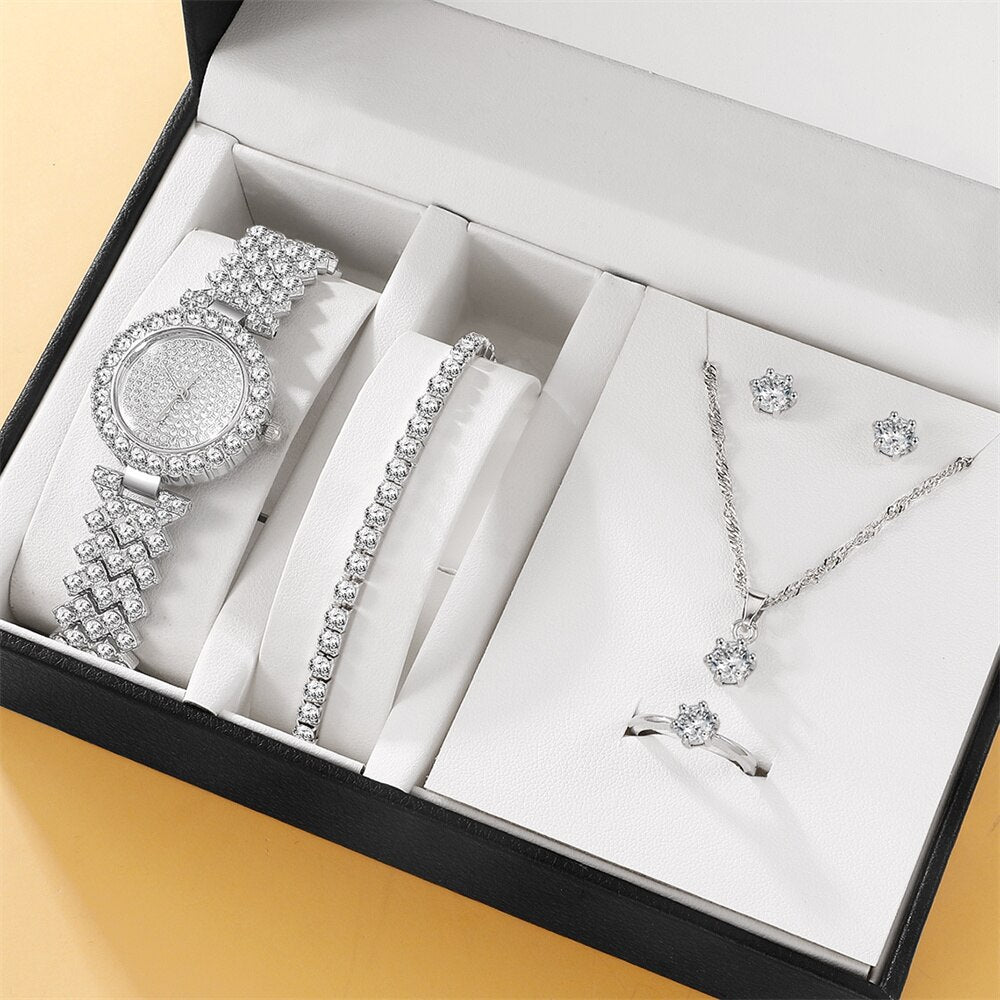 5pcsset Diamond Bracelet Necklace Stud Ring Watch Jewelry Set