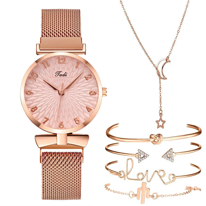 Casual Gift Set Women Disc Mesh Belt Quartz Watch Bracelet Bangle Set 6pcsset