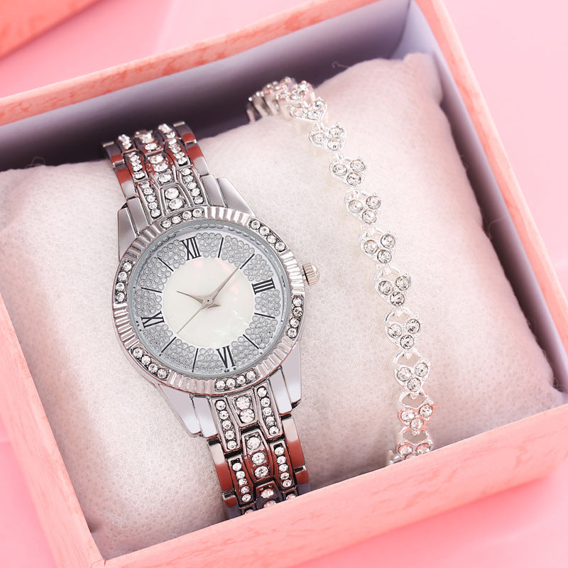 Diamond-embedded Luxury Starry Sky Shell Surface Women's Fashion All-match Elegant Bracelet Set Quartz Watch