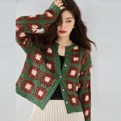 Autumn New Three-dimensional Crochet Texture Color Matching Shell Button Retro Lazy Sweater Coat Knitted Cardigan