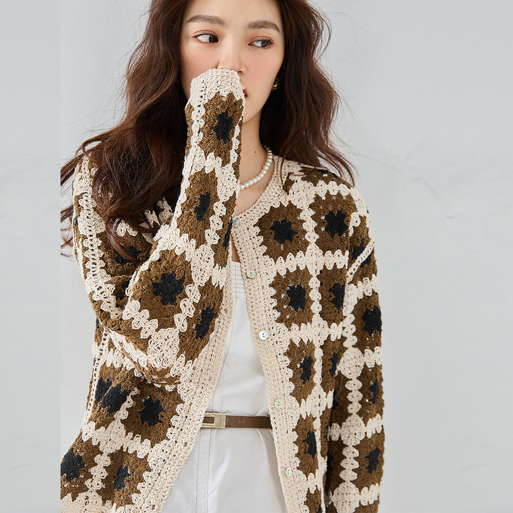 Autumn New Three-dimensional Crochet Texture Color Matching Shell Button Retro Lazy Sweater Coat Knitted Cardigan