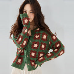 Autumn New Three-dimensional Crochet Texture Color Matching Shell Button Retro Lazy Sweater Coat Knitted Cardigan