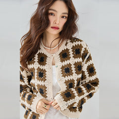 Autumn New Three-dimensional Crochet Texture Color Matching Shell Button Retro Lazy Sweater Coat Knitted Cardigan