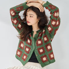 Autumn New Three-dimensional Crochet Texture Color Matching Shell Button Retro Lazy Sweater Coat Knitted Cardigan