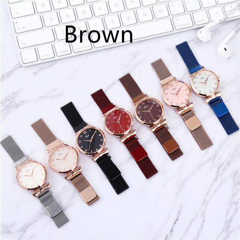 Casual Gift Set Women Disc Mesh Belt Quartz Watch Bracelet Bangle Set 6pcsset