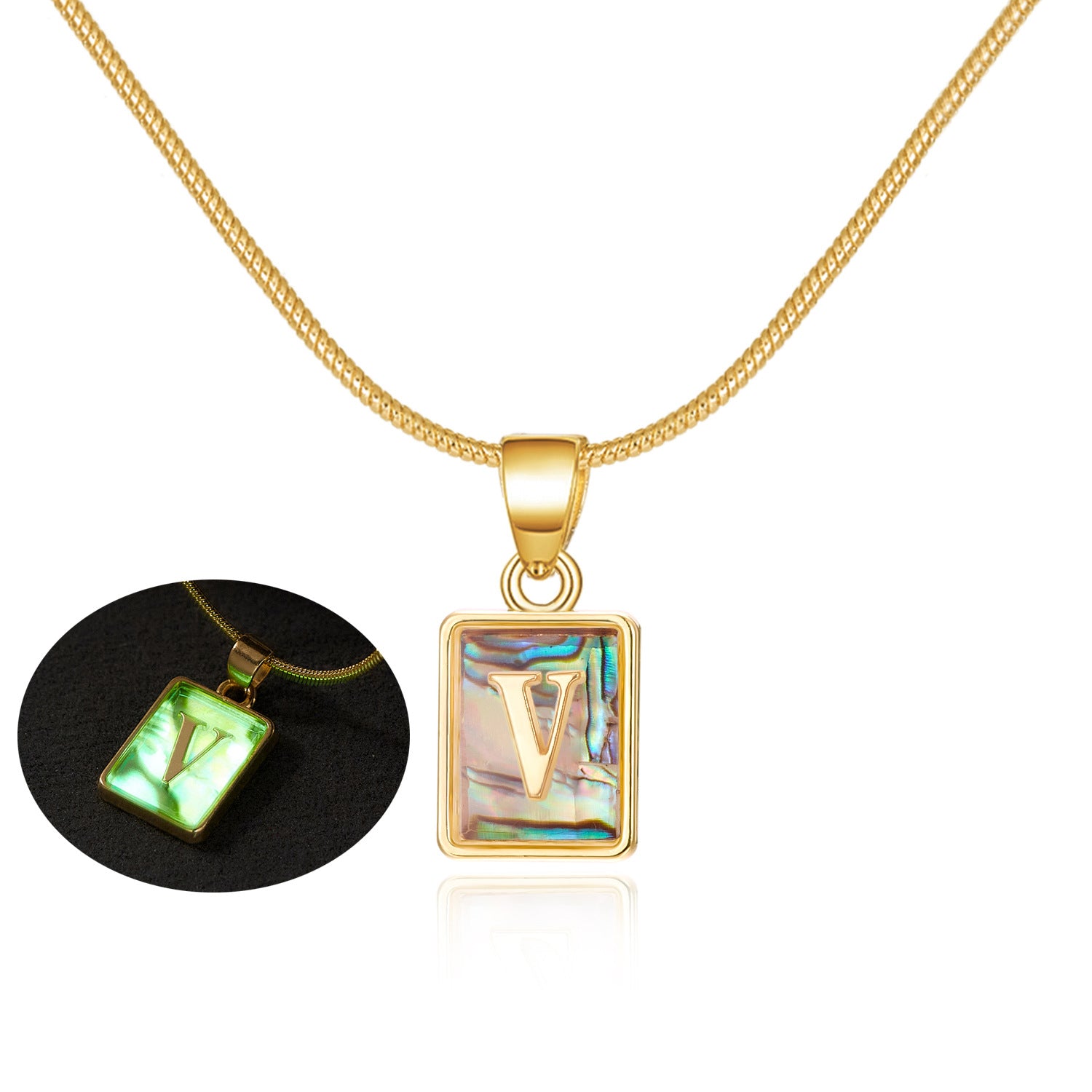 26 Letter Square Necklace Colorful Shell Luminous Pendant Chain Necklace For Women Temperament Ladies Jewelry