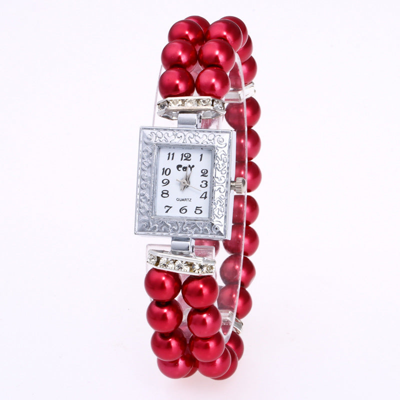 Artificial Glass Pearl Watch Bracelet Rectangular Women's Casual Watch