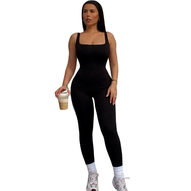 Women's Sleeveless Low-neck Slim Fit High Top Sports One-piece Trousers