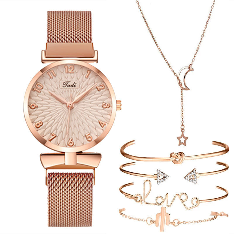 Casual Gift Set Women Disc Mesh Belt Quartz Watch Bracelet Bangle Set 6pcsset