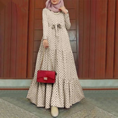 Women Polka Dot Long Sleeve Dress Stylish Belts Party Robe