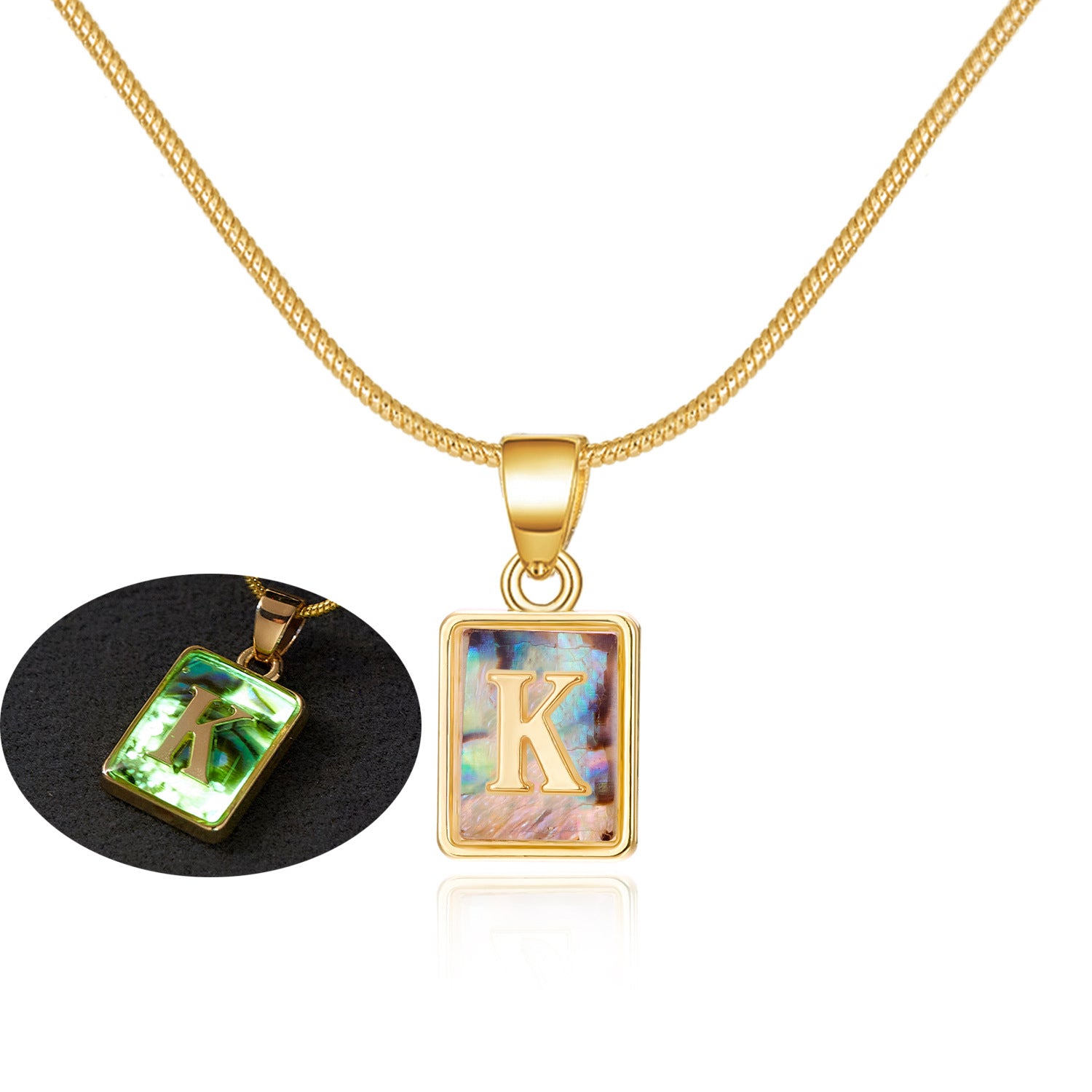 26 Letter Square Necklace Colorful Shell Luminous Pendant Chain Necklace For Women Temperament Ladies Jewelry