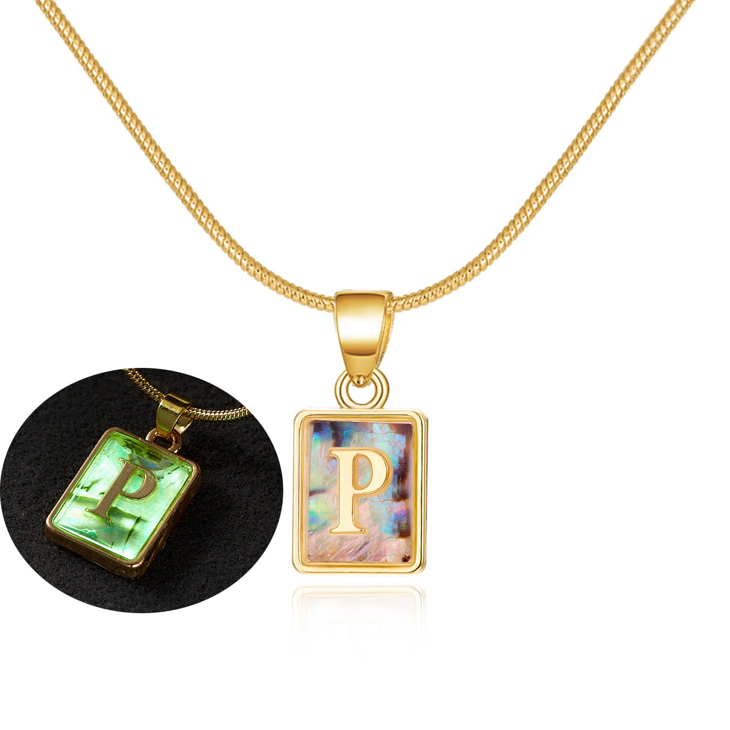 26 Letter Square Necklace Colorful Shell Luminous Pendant Chain Necklace For Women Temperament Ladies Jewelry