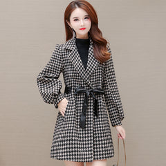 Black Plaid Lantern Sleeves Belted Korean Style Suit Collar Temperament Commuter Trench Coat