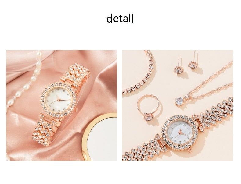 5pcsset Diamond Bracelet Necklace Stud Ring Watch Jewelry Set